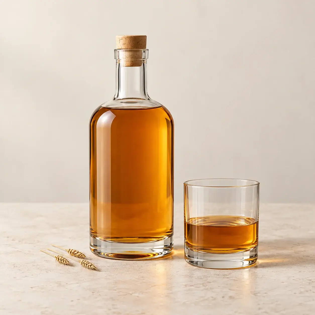 Unlabeled whiskey bottle and matching tasting glass on pale limestone