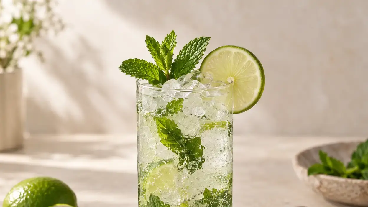 Alcohol-free lime and mint mojito in a tall glass with crushed ice