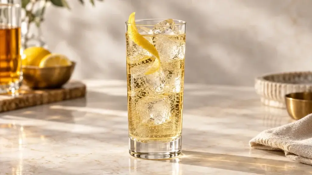 Whiskey Highball cocktail in highball with lemon twist