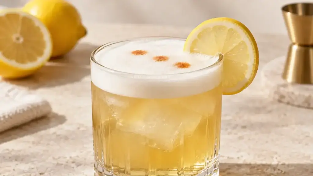 Golden Whiskey Sour with a pale foam cap, bitters drops and lemon garnish