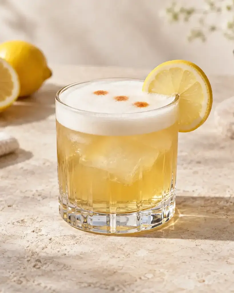Golden Whiskey Sour with a pale foam cap, bitters drops and lemon garnish