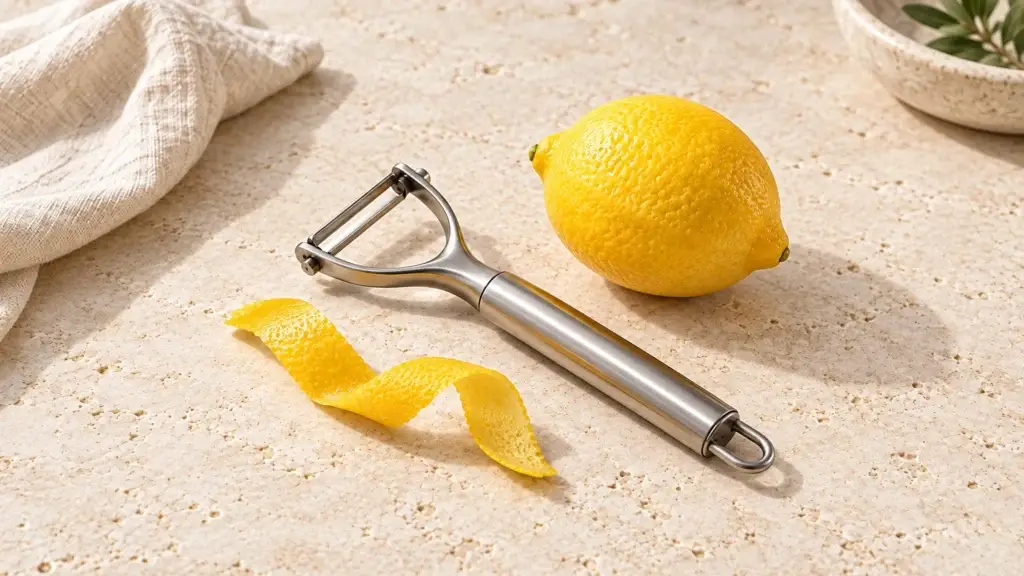 Stainless Y-peeler beside a lemon and a wide curled strip of thin yellow zest with no visible white pith.